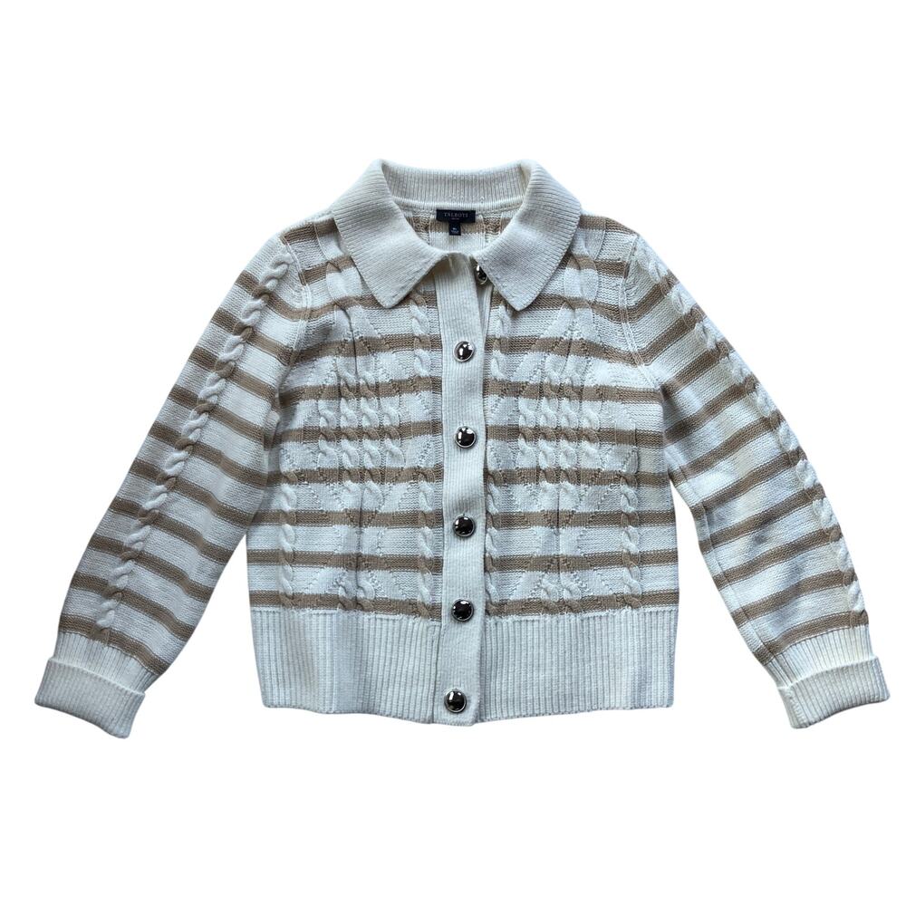 Talbots Collared Button Up Fisherman Knit Cardigan Size MP Tan Cream Stripe